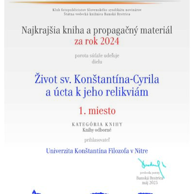 Prvé miesto v cene „Najkrajšia kniha a propagačný materiál Slovenska“ za rok 2024 v kategórii „Knihy odborné“ získala monografia profesora Petra Ivaniča
